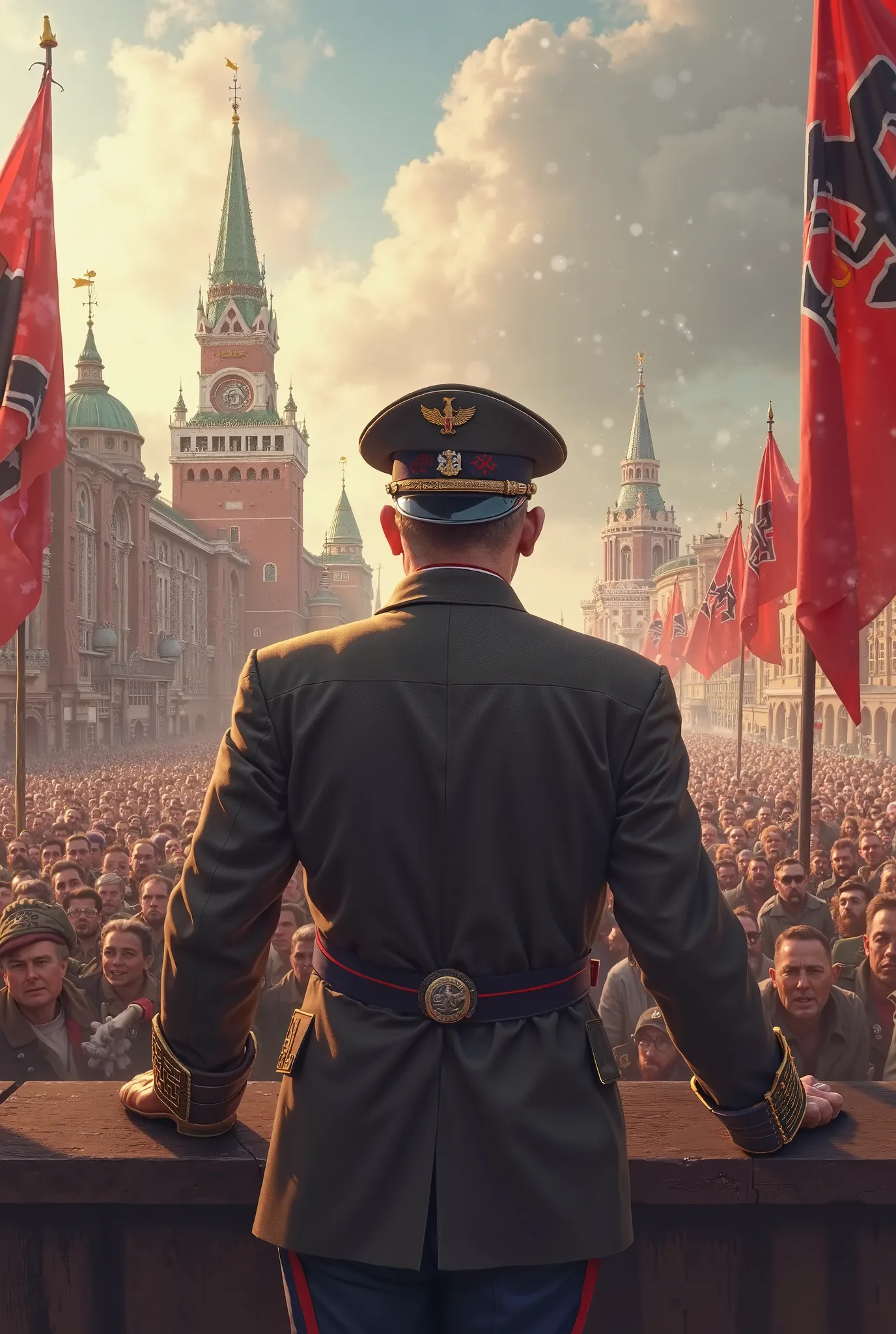 German President Frank Franz after Germany controlled all of Europe, defeating Russia in the war and capturing Moscow (person in the image) giving a victory speech