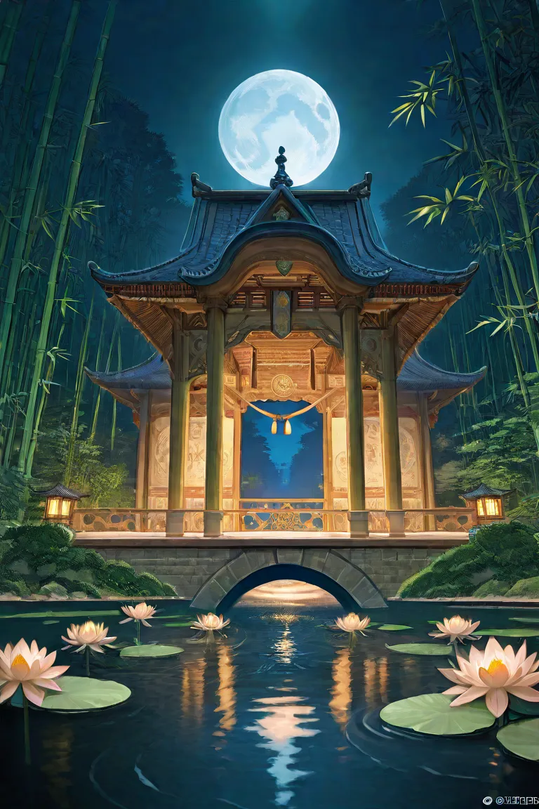 (Beautiful ancient Chinese architecture, twinkling moonlight , lakes at night ,  shaded by bamboo forests ,  stone bridge arches ,  bubbling water ,  ornamental garden stone paths ,  water lilies blooming ,  thermal water vapor , Illustration of the Auspic...