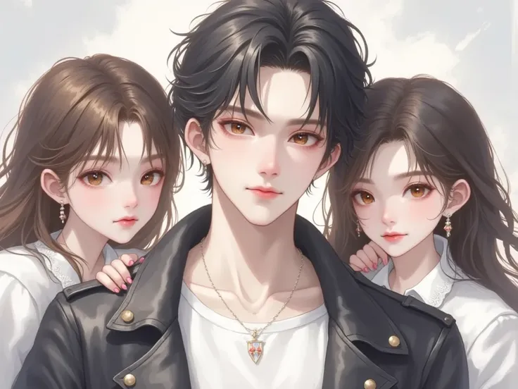 Anime man with black hair and brown eyes wearing a white t-shirt with a black leather jacket and standing next to him are two twin girls, the first has dark brown hair and brown-black eyes and the second girl has black hair with red streaks and brown-black...