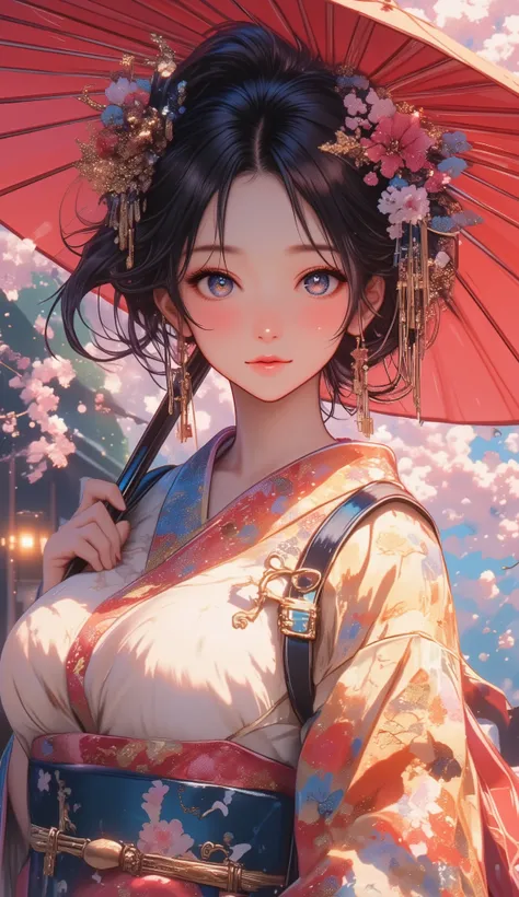 Woman holding a Japanese umbrella , Nishijin Textile Kimono , Japanese painting style, beautiful anime style portrait, Extra , detailed portraits of anime girls , Beautiful Anime Portrait , beautiful anime women , digital Animation illustration, Anim...