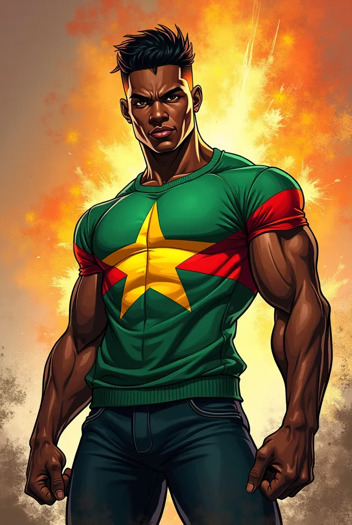 A comic book character, a black main character who wears a sweater with the flag of Burkina Faso.  A young muscular step 