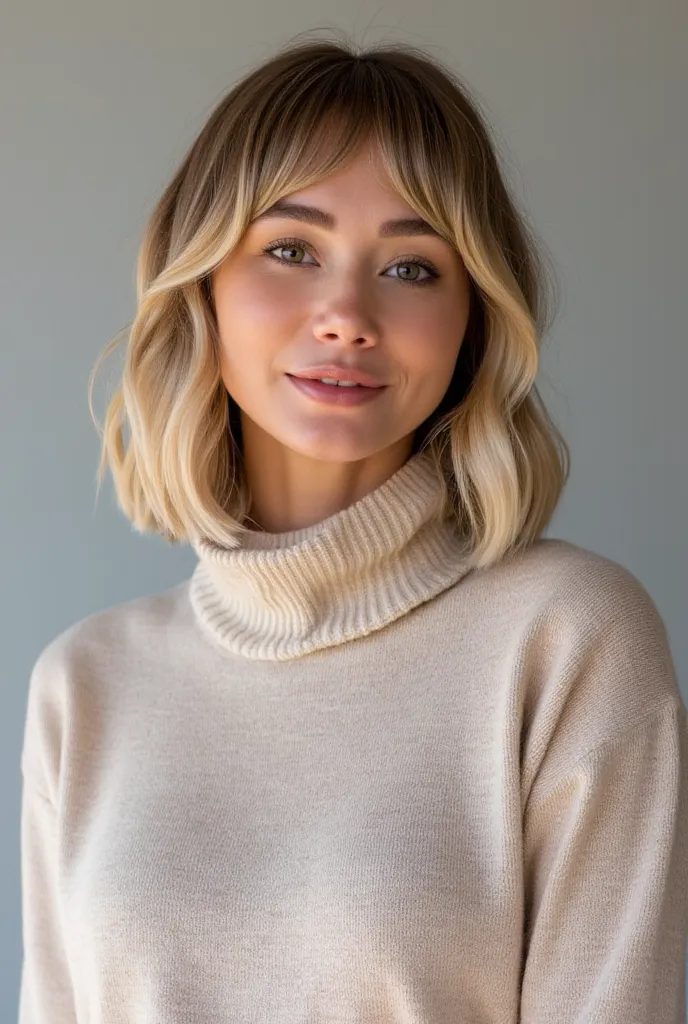 casual photograph of blonde woman named SJU, turtleneck shirt, medium body shot