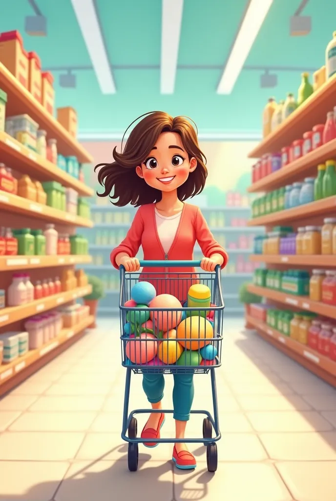 Guilande is a cartoon picture of a mother in a supermarket pushing a shopping cart carrying a moisturizer, colored balls and