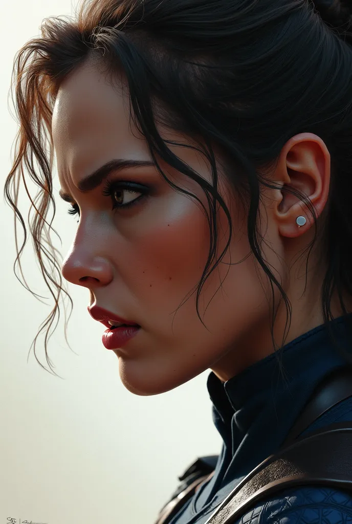 Give me a Female Captain America only her face of profile sideways with a angry expresion