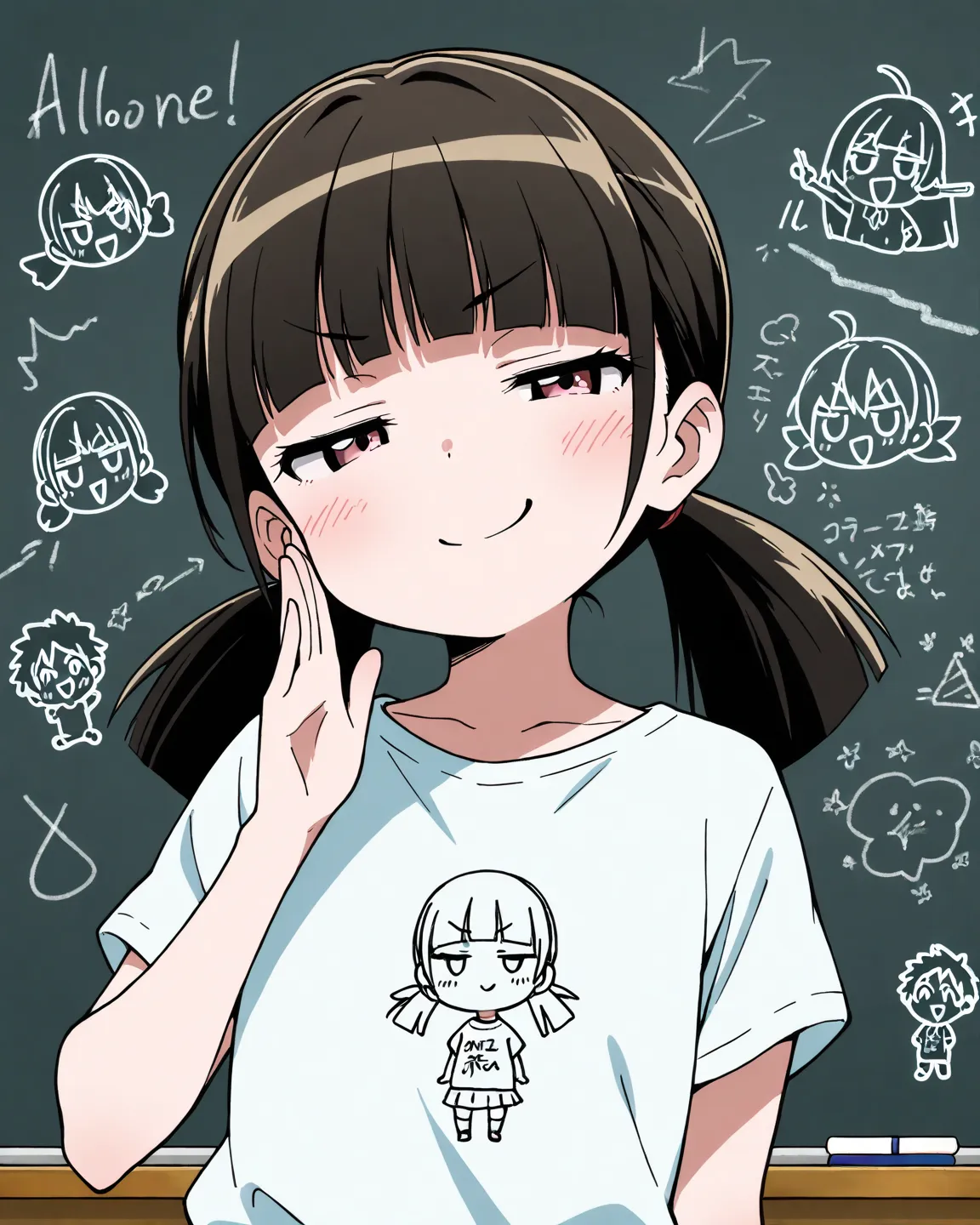  chibi,  1girl  , Alone, Hinata Goku, hime cut, low_twintails,  Hair,  short sleeve shirt,  cute shirt ,half-closed eyes, Smug
 BREAK
classrooms, (Doodles on the Blackboard),  blackboard , Chalk, Chalkで描かれたクジラの絵, 青いChalkの波,