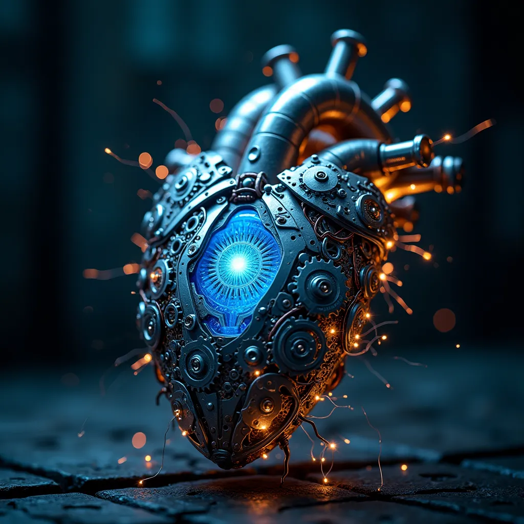 "An 8K close-up of a mechanical heart made from intricate metal gears, cogs, and wires. The heart glows from within with an internal electric blue light. Surrounding it are soft glowing veins of light, pulsating with energy, and occasional sparks that fly ...