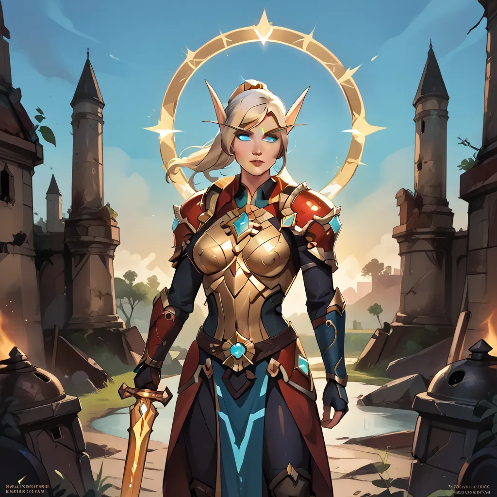 Epic fantasy artwork, digital painting, ultra-detailed.1 girl, blood elf Aelthara Sunforge, a high elf paladin, standing heroically in a sunlit battlefield. Platinum-blonde hair with faint golden highlights, icy blue eyes glowing with divine light. Wearing...