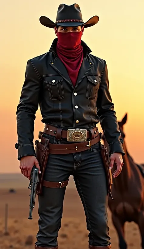 A young cowboy from the year 1899 wearing black clothes on his horse with a 357 Magnun in his hand is wearing a red headband covering his face in the late afternoon