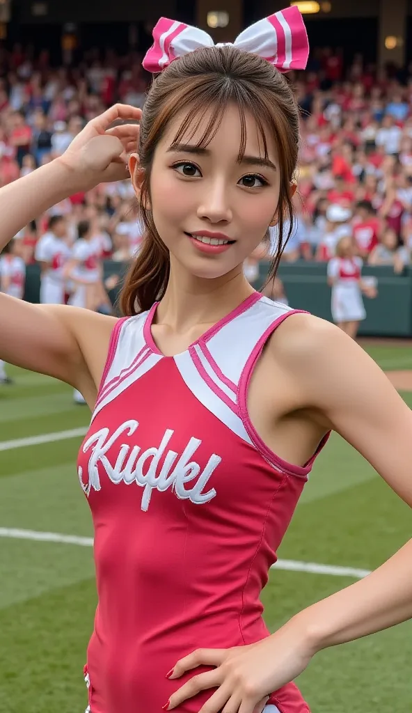 red, pink and white cheerleader costume in the style of a photographer's work, Decisive Pose,  baseball stadium, High Resolution, Extremely Detailed Expression, realistic, HDR, UHD, Studio Lighting, vivid colors, Bokeh,  detailed expressions , Dynamic Post...