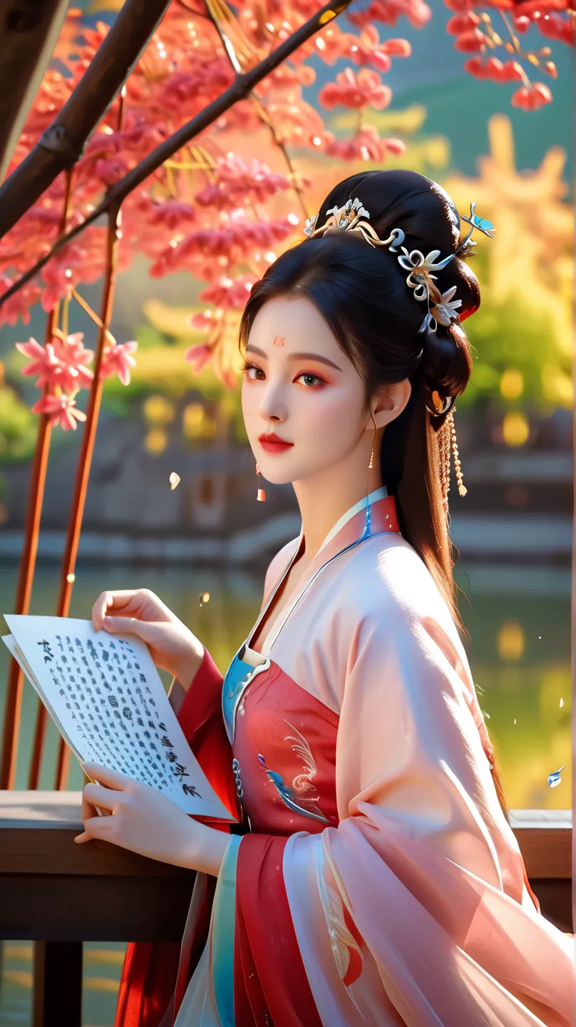 Dunhuang art style, Extremely long-distance lens, highest quality、masterpiece、超High resolution、(realistic:1.3)、RAW Photos,A beautiful girl, Perfect face, Pretty Face, Wearing traditional  dress, Zen style, Bright Star, Light and Shadow, Ancient White, epic...