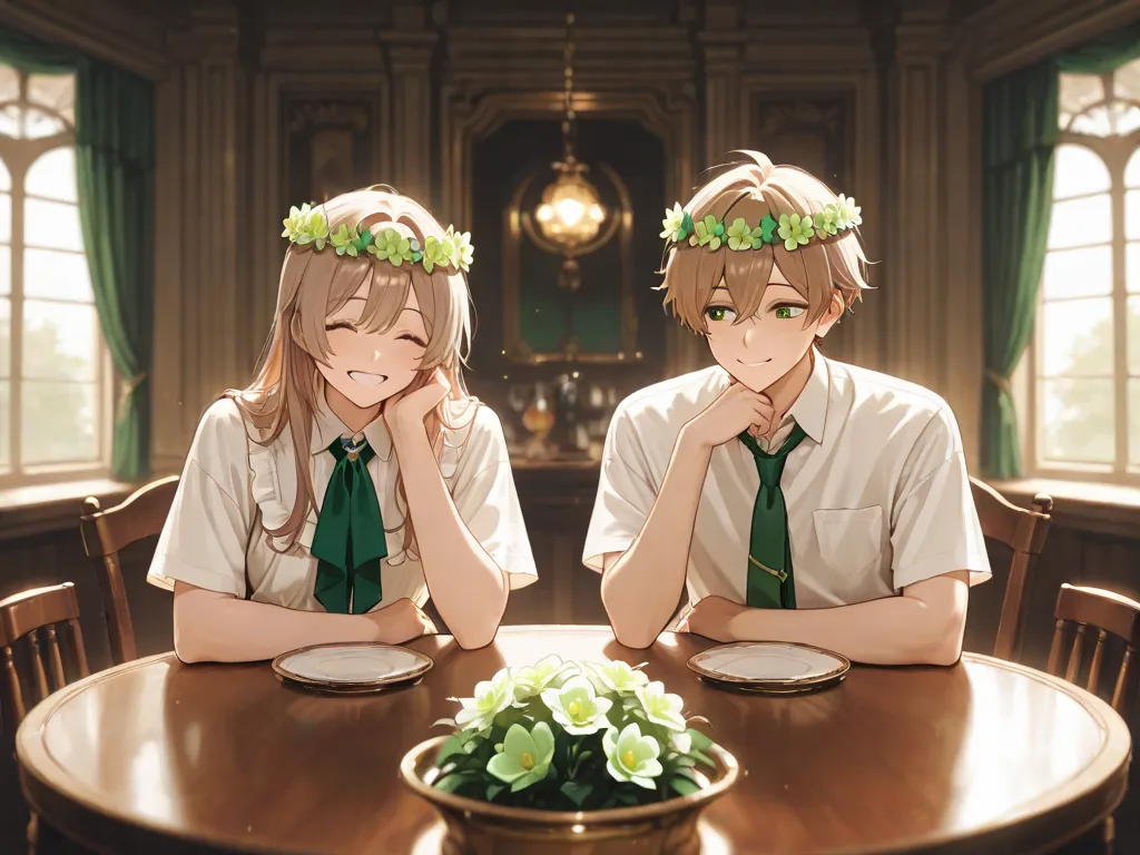 Light Brown hair, green eyes, green flower crown in his hair, white t-shirt, green tie, sitting in a fancy dinner table, smiling with his eyes closed, A BOY, ALONE