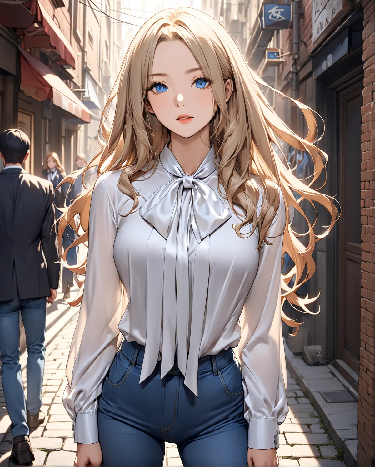 bow blouse, animetoreal, A photorealistic portrait, (((full-body))), Anatomically correct, beautiful Japanese women standing at a slight angle facing the camera, blonde semi long hair, High-resolution, detailed, sharp focus, crisp lines, defined edges, cle...