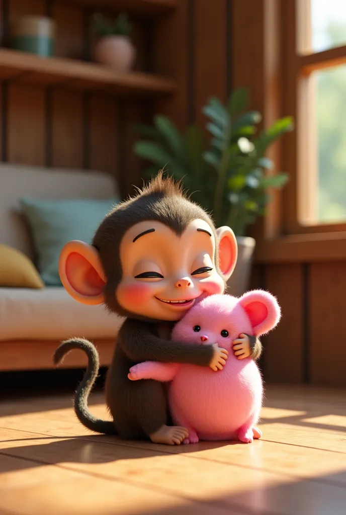 Create a small monkey hugging a little pink, They are in the living room of a rustic wooden house 