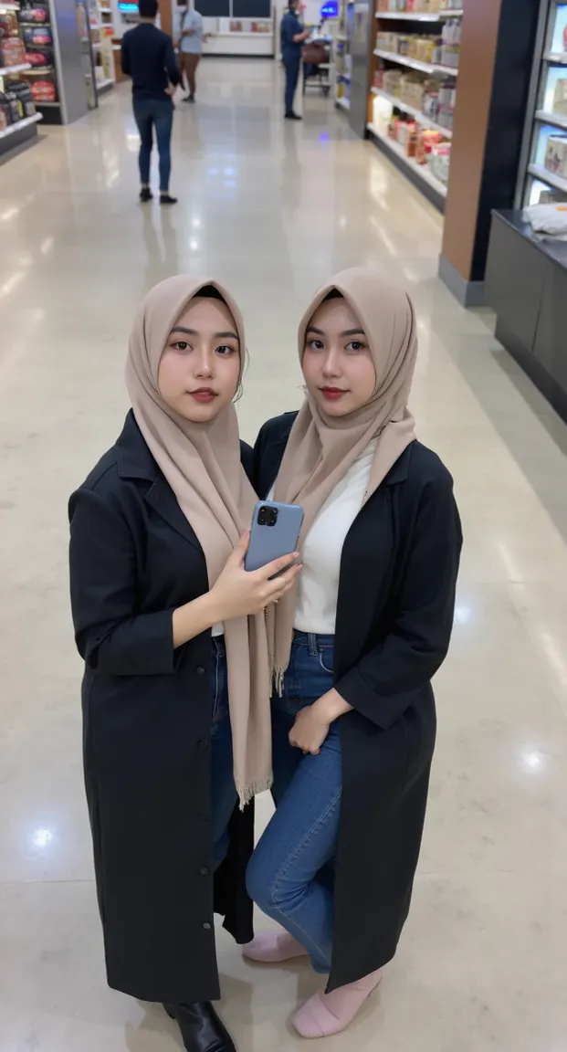 ((2 hijab girls taking selfie with front camera)), portrait from above,((portrait from above)), wear hijab in head, beautiful detailed hijab, sexy waist, three hijab girls taking selfie with front camera, three hijab woman nude unclothes, open jacket, pret...