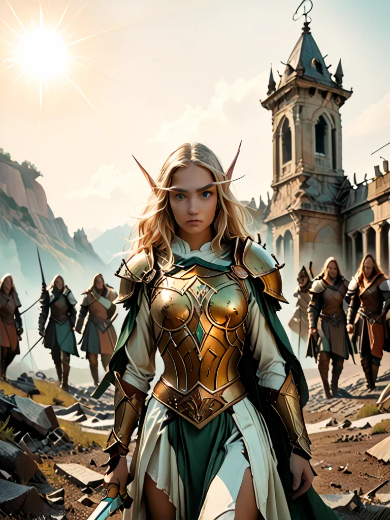 Epic fantasy artwork, digital painting, ultra-detailed.1 girl, blood elf Aelthara Sunforge, a high elf paladin, standing heroically in a sunlit battlefield. Platinum-blonde hair with faint golden highlights, icy blue eyes glowing with divine light. Wearing...