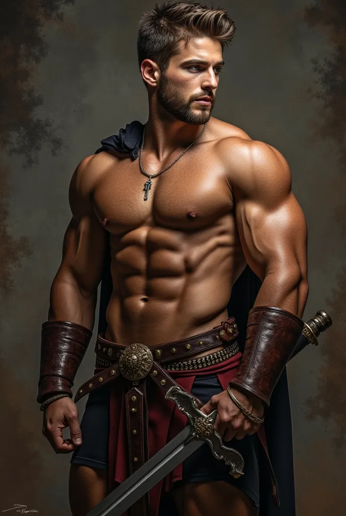 attractive European Man, ericjanicki, Handsome, short brunette hair, 30 years old, arafed male model in black underwear holding a sword, male warrior, attractive beefy male with armor, masculine and strong, sexy masculine, muscular men, strong masculine fe...