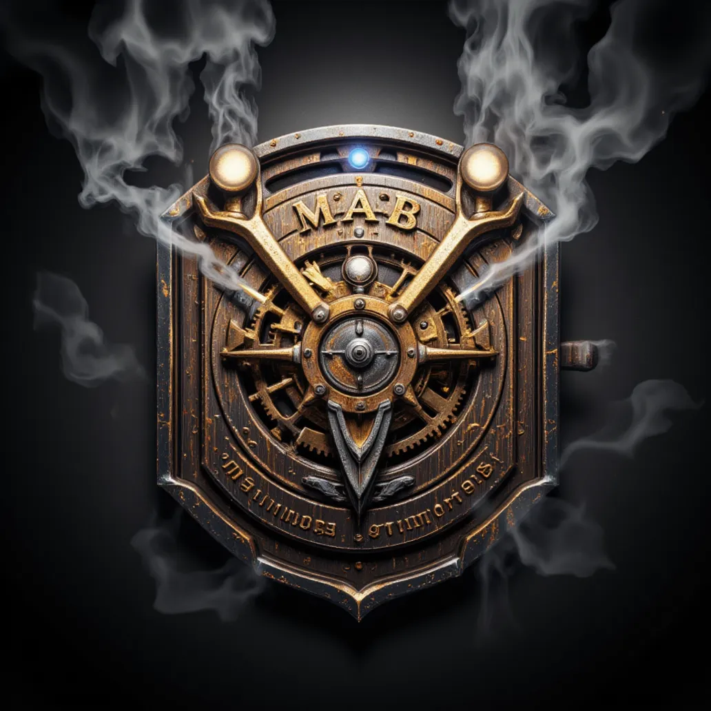 Create a distinguished emblem for an alliance of War commanders. Include intricate cogs and clockwork. Include the name "MAB". Include the slogan "implexis et invictus". Shades of copper, silver, wood grains. Include steam, Edison Bulbs and Floating Partic...