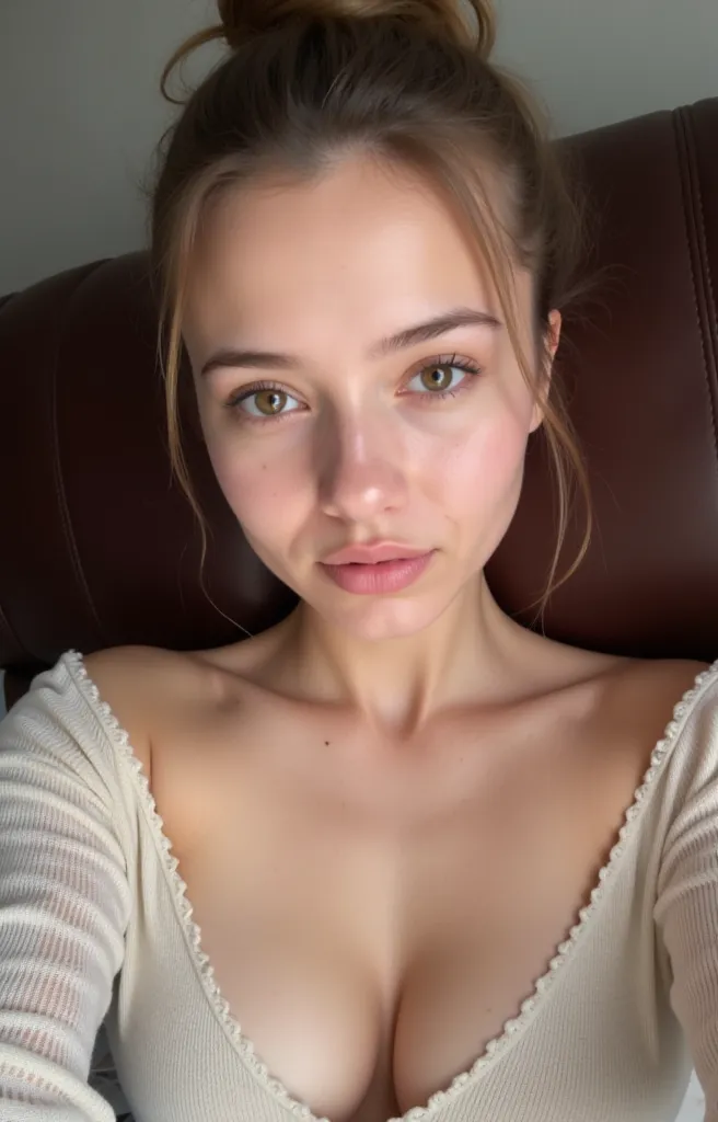 Super Snow-skinned Soviet Schoolgirl with ponytail, casual Top outfit, slim body, round face, takes selfie on sofa with super white led, error-free selfie, Clear selfie.