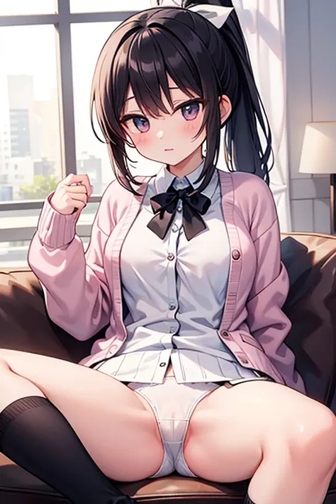 Height: 150cm　 black hair　ponytail　There is a white ribbon on the hair　white clothes　pink cardigan　black miniskirt　 black long socks 　sitting on the couch　opening her legs to seduce　WHITE PANTIES IN Sight
