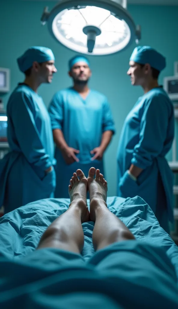 A first-person view of sick legs from a hospital bed. as you see 3-4 doctors standing around, dressed in blue surgical attire, their faces showing urgency. A bright overhead surgical light casts a glow on the scene. Heart rate monitors beep rapidly on the ...