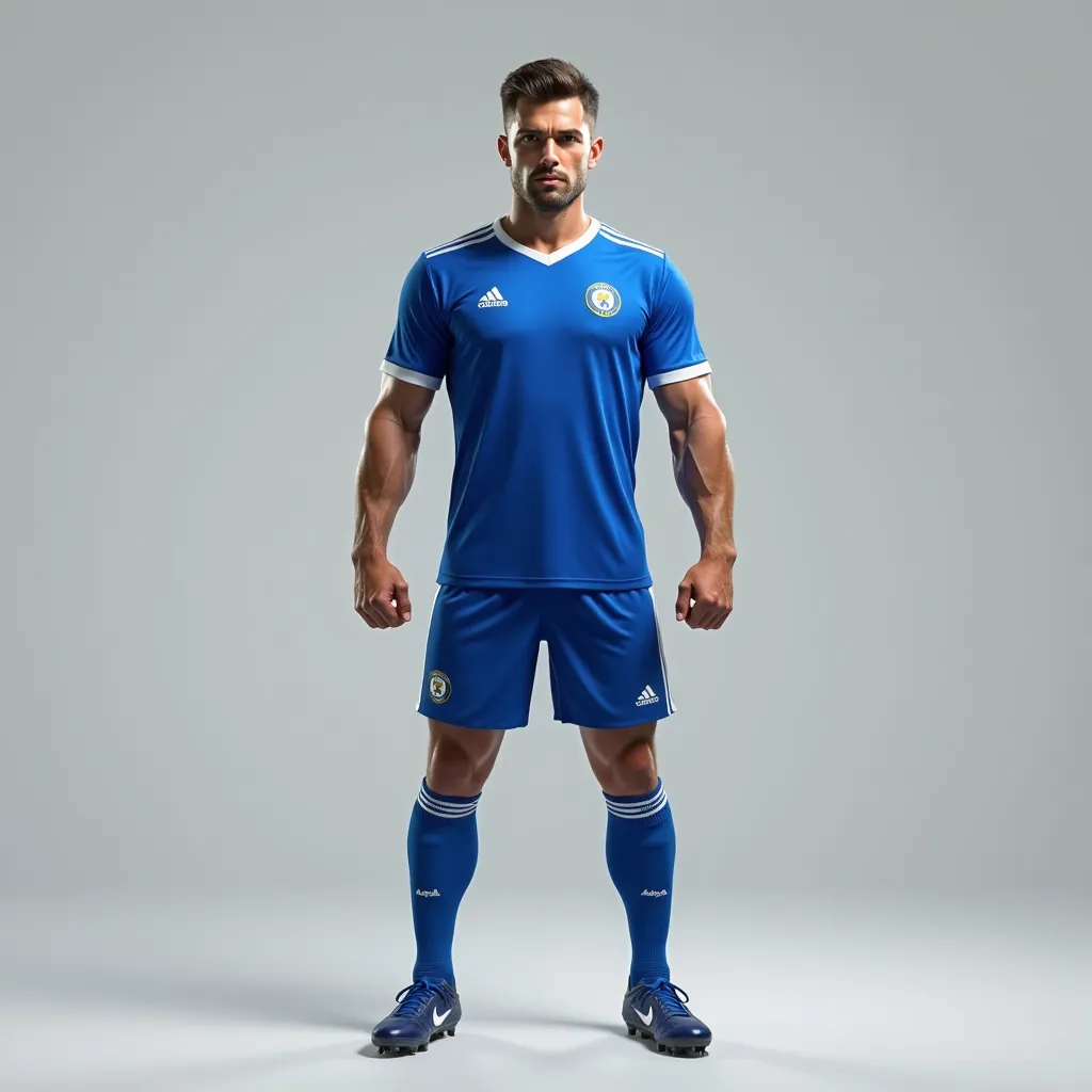   Create a standing model man, full body,   in front of me,  looking at me , with blue soccer uniform and cleats 