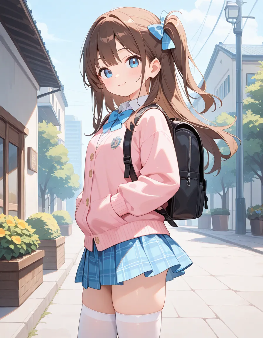 masterpiece, best quality, highres, 1girl, long hair, one side up, solo, ponytail, hair bow, flat breasts ,brown hair, blue eyes, white collared shirt, pink cardigan, blue bowtie, plaid skirt, blue skirt, white thighhighs, cowboy shot, smile,standing,  out...