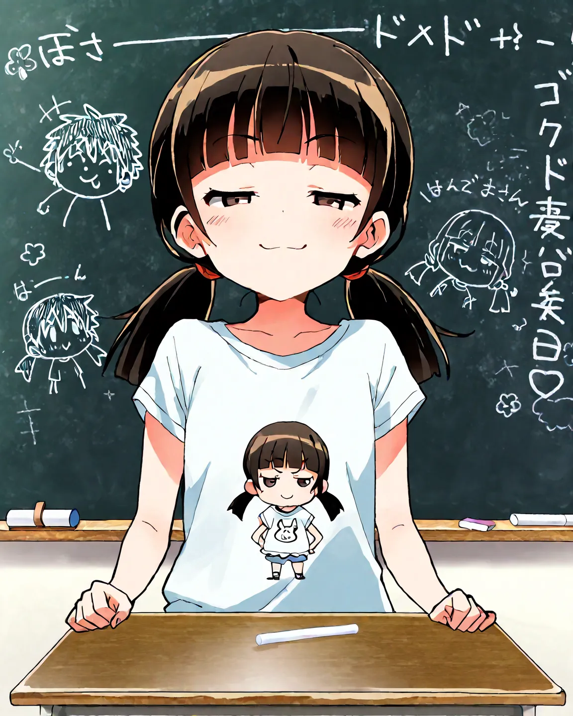  chibi,  1girl  , Alone, Hinata Goku, hime cut, low_twintails,  Hair, Brown Eye,  short sleeve shirt,  cute shirt ,half-closed eyes, Smug
 BREAK
classrooms, (Doodles on the Blackboard),  blackboard , Chalk, (Chalkで描かれたかわいい恐竜),