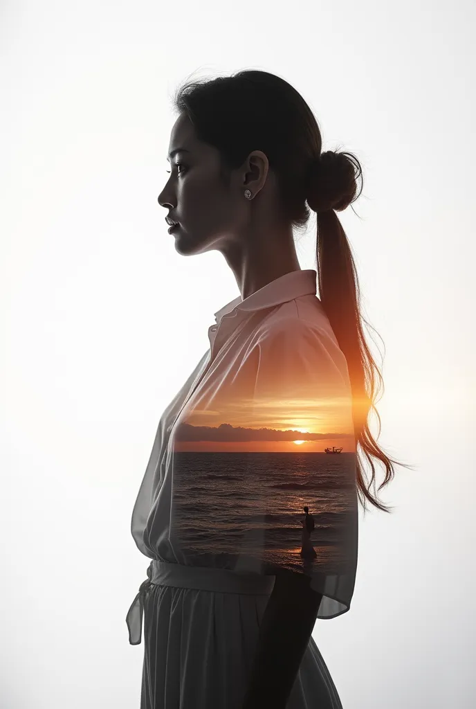 high quality hair,  8K Ultra HD, Прекрасная double exposure, exhibition that combines the silhouette of a goddess and a sunset on the coast, sunset coast should serve as a backdrop, with its details,  incorporated into the silhouette of the goddess, clean ...