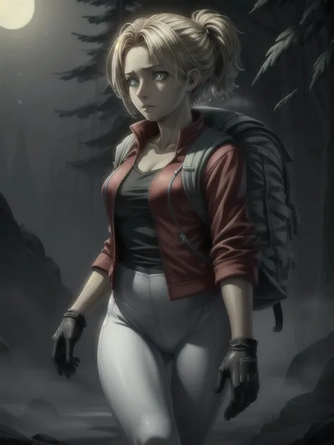 ((Best quality)), ((Masterpiece)), (detailed), (4K quality), (Detailed face:1.2), (Detailed eyes:1.2), (Perfect figure:1.2), 1girl, UDSam, solo, short hair, blonde hair, (Wearing: Red jacket, white leggings, fingerless gloves, and backpack:1.3), spooky lig...