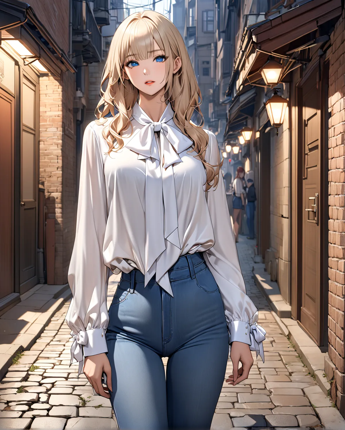 bow blouse, animetoreal, A photorealistic portrait, (((full-body))), Anatomically correct, beautiful Japanese women standing at a slight angle facing the camera, blonde semi long hair, High-resolution, detailed, sharp focus, crisp lines, defined edges, cle...