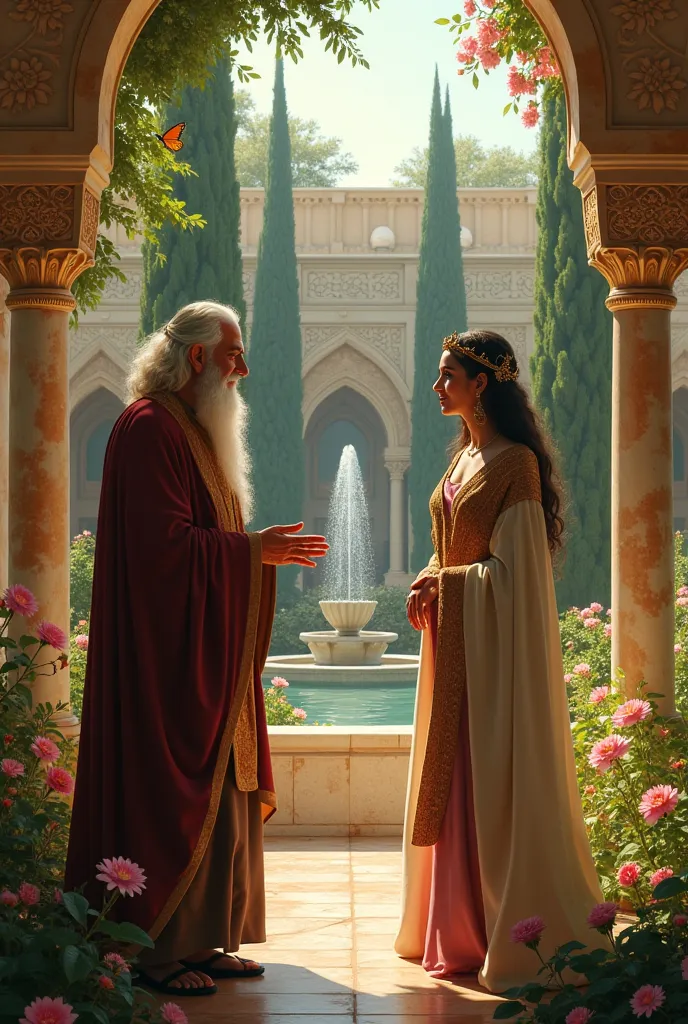 Make an image with Mordecai, Esther's uncle , with Queen Esther talking in a garden in the palace of Xerxes 