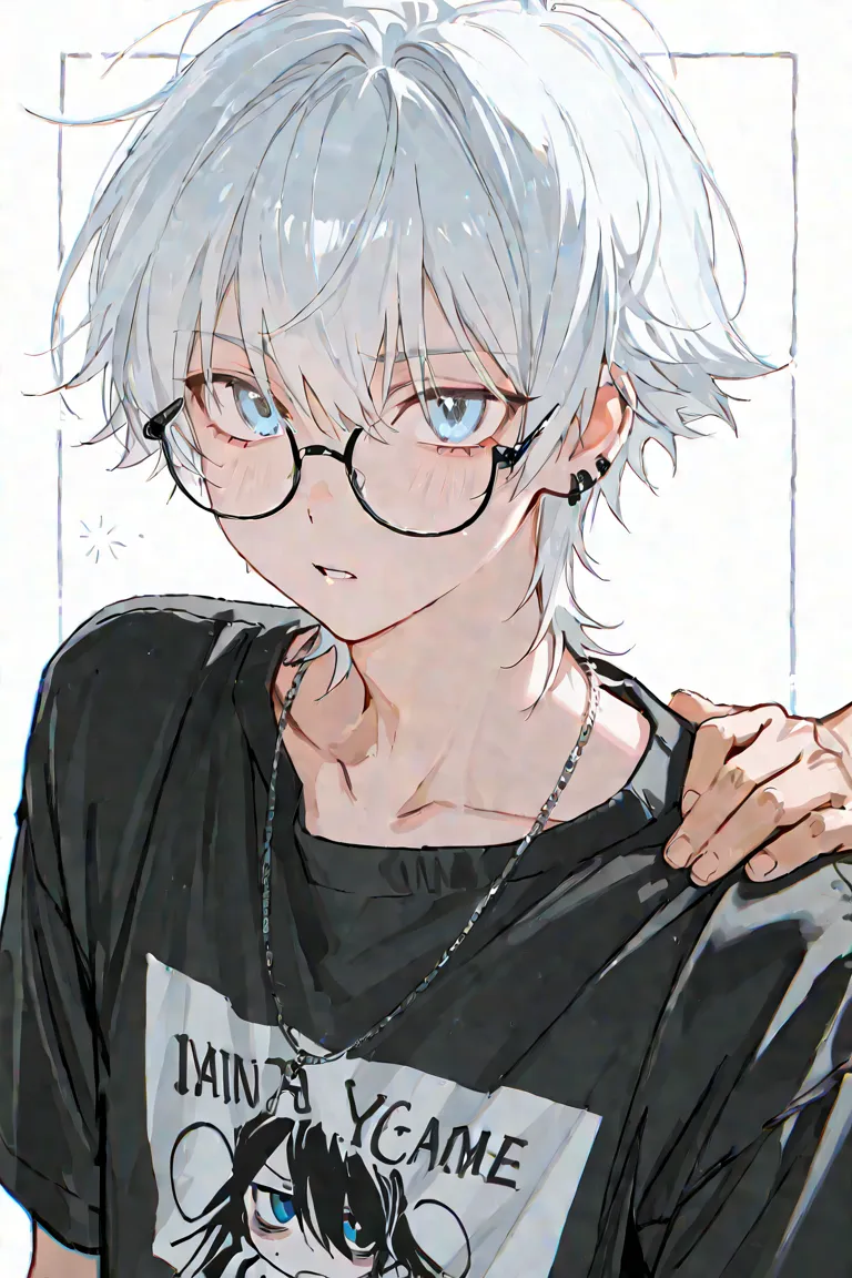 cute yet handsome anime man with messy white hair that's shoulder length, wears glasses, has light blue eyes, emo clothing, has a cold and calculating expression 