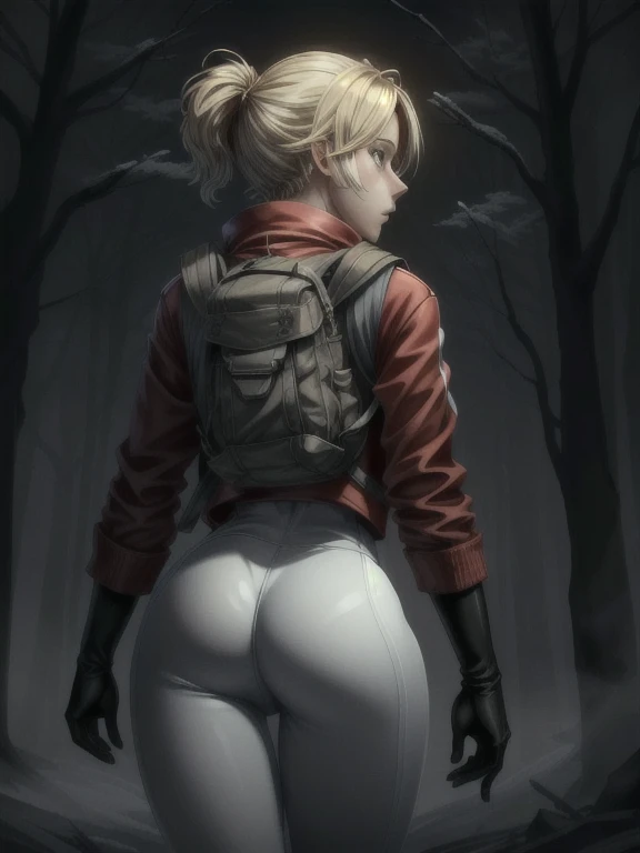 ((Best quality)), ((Masterpiece)), (detailed), (4K quality), (Detailed face:1.2), (Detailed eyes:1.2), (Perfect figure:1.2), 1girl, UDSam, solo, short hair, blonde hair, (Wearing: Red jacket, white leggings, fingerless gloves, and backpack:1.3), spooky lig...