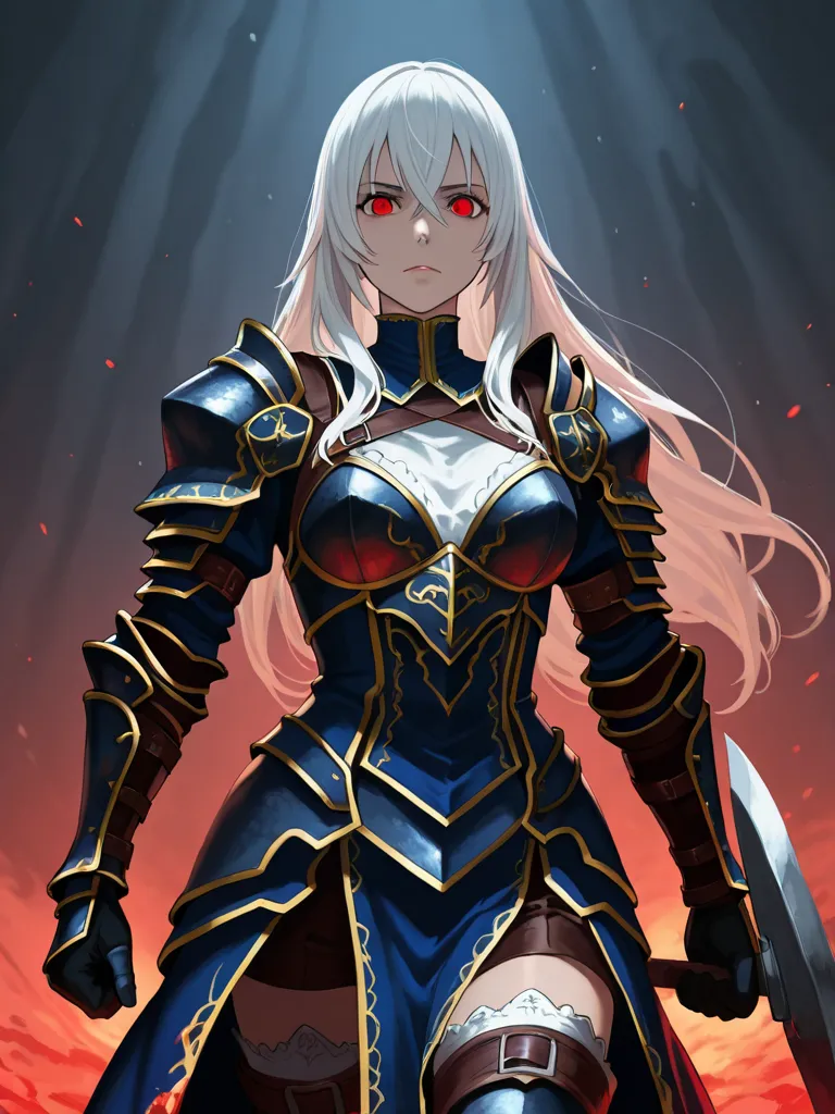 4K, ultra detailed, long white hair, red eyes, exuding power, female, violent, bloodstained armour