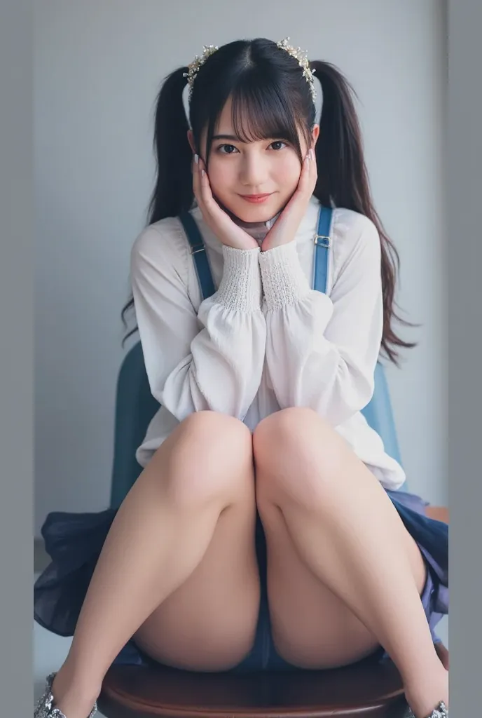 ((( top quality, very well detailed, masterpiece , very well detailed,realistic,real people))) , intermediate shot, viewers , , ( sits on a chair with one hand), cross your arms around your back, Medium Chest, Chest,    black hair,  long hair caught in a h...