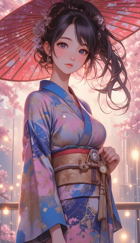 Woman holding a Japanese umbrella , Nishijin Textile Kimono , Japanese painting style, beautiful anime style portrait, Extra , detailed portraits of anime girls , Beautiful Anime Portrait , beautiful anime women , digital Animation illustration, Anim...