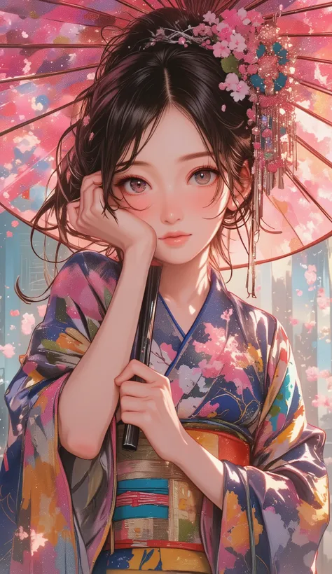 Woman holding a Japanese umbrella , Nishijin Textile Kimono , Japanese painting style, beautiful anime style portrait, Extra , detailed portraits of anime girls , Beautiful Anime Portrait , beautiful anime women , digital Animation illustration, Anim...