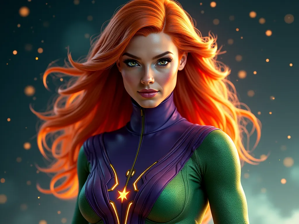 Create a 8k UHD photorealistic portrait yet cinematic high quality image of Starfire of  Titans in the DC Universe she is in space and she is wearing the emerald green and purple suit