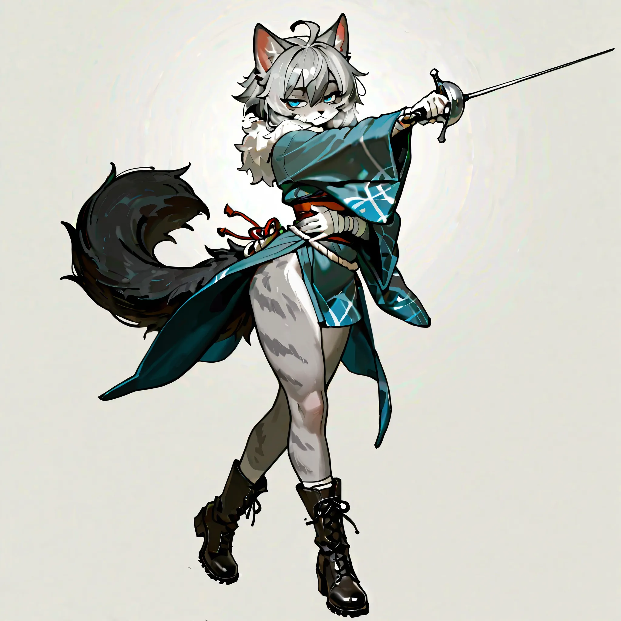 masterpiece, best quality, ultra-detailed, best illustration, solo, 1girl, dynamic pose, furry, anthro, cat, fur, BigBig, furry, cat ears, animal tail, thick tail, dark tail, blue eyes, pointy eyes, half closed eyes, gray scale fur, body fur, slender body,...