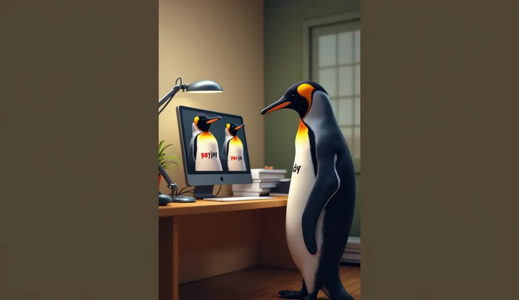 I want an image as follows: 

The captain of the Madagascar penguins wearing a PAYJOY blouse working home office, in which all the penguins are on the video call and Kowalski is presenting the screen, showing positive results. 

Computer wallpaper cover
