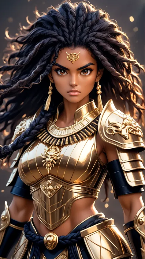 A young, black Brazilian warrior woman of tall, imposing stature, wearing shiny bronze armor that highlights her strong, feminine muscles. Her face is of rare beauty, with elegant features and an expression of determination and strength.
Her skin is a ligh...