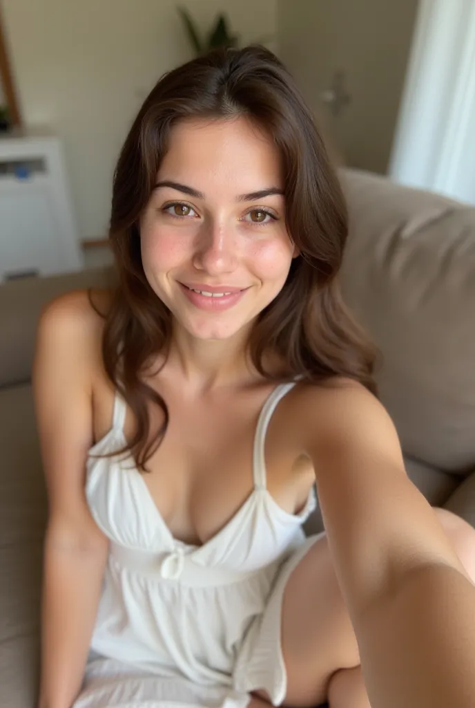 (A casual selfie of a 15-year-old woman sitting on a couch:2), with natural lighting and a relaxed expression. The selfie must be perfect for Instagram, no photographic errors, with a natural composition and a casual aesthetic. The woman should wear a summ...