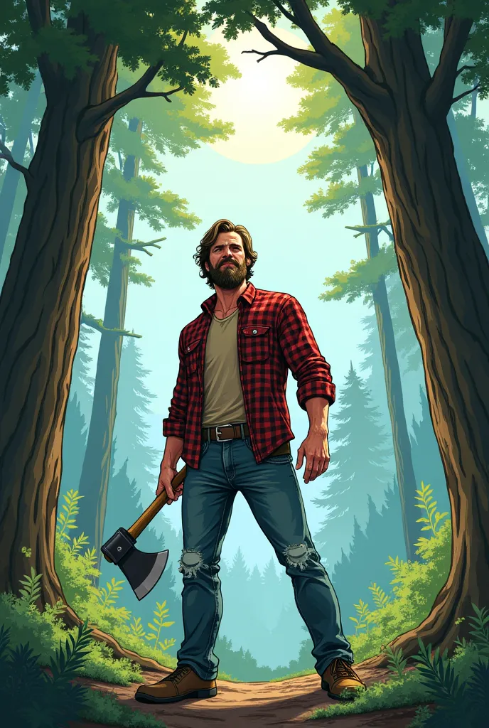 A man wearing jeans and a plaid blouse with an axe in his hand in the middle of two trees anime art