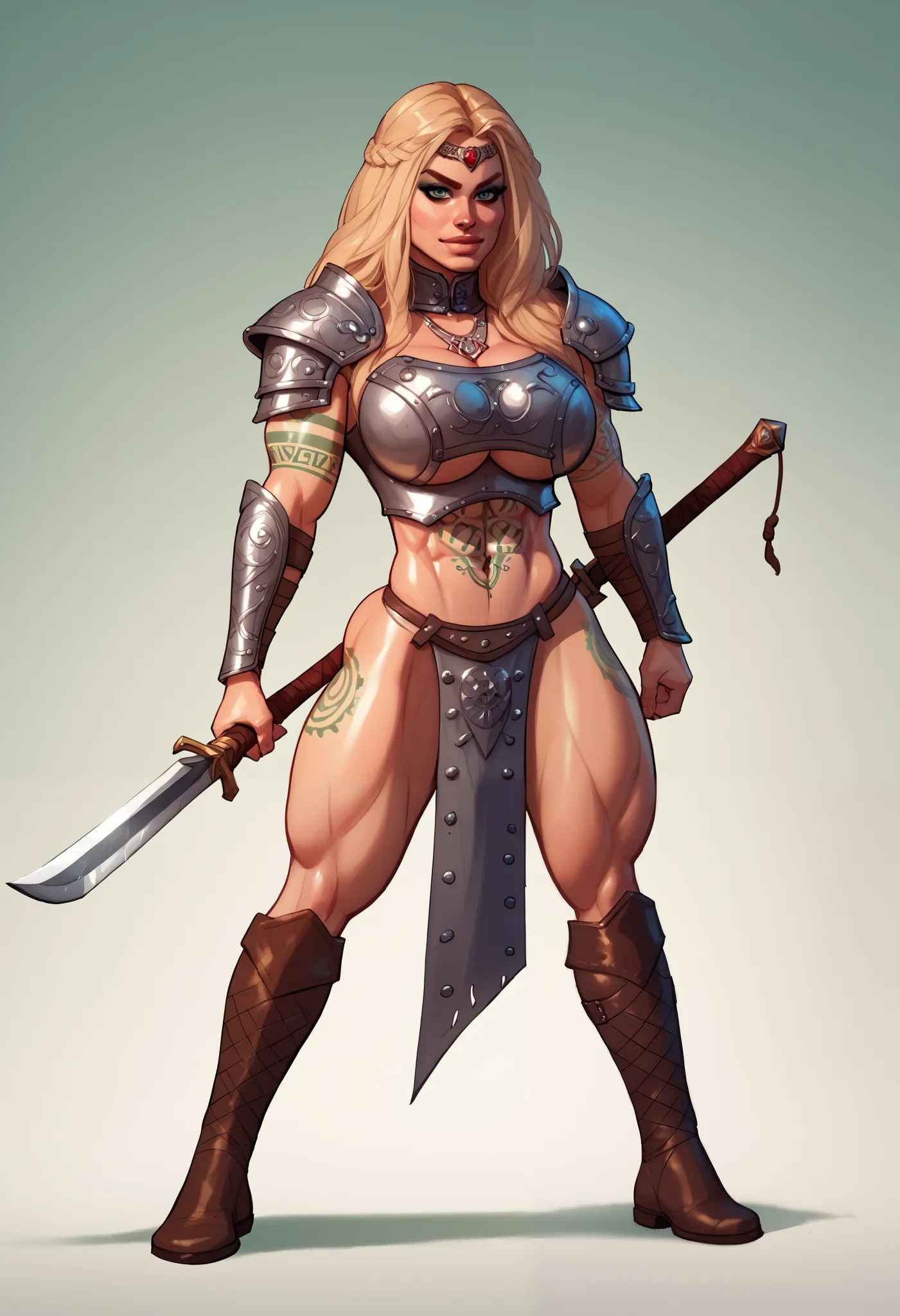 Hot female Nordic barbarian bimbo slut with huge tits, strong physique yet retains feminine curves, skimpy leather armor, Celtic tattoos, thicc fit muscles, Wielding sword fighting orcs 