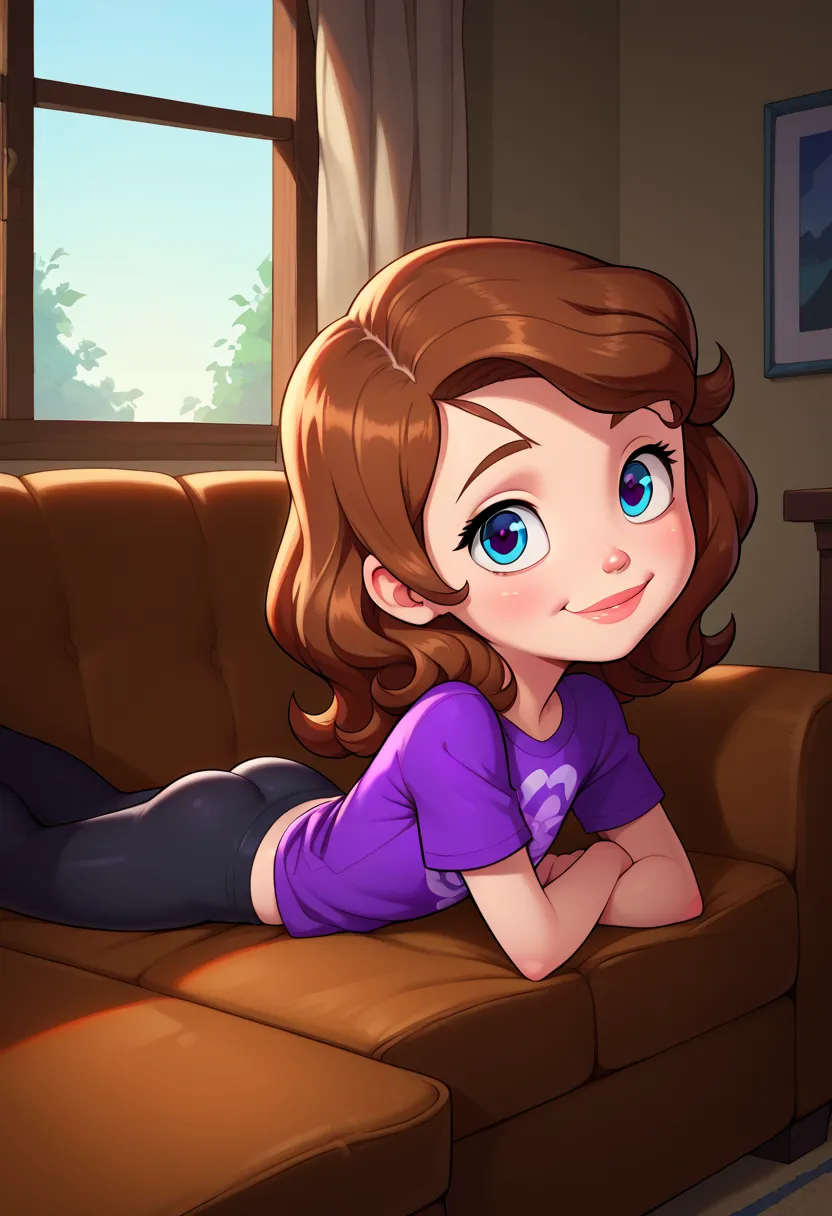 cartoon, young­k­i­d, short-height, 1girl, solo, sofia_the_first, purple plain sparkly shiny t-shirt, black leggings, detailed eyes, perfect eyes, big eyes, beautiful eyes, flat chest, teasing, seducing, smilingsmirking, in amodern bright detailed penthous...