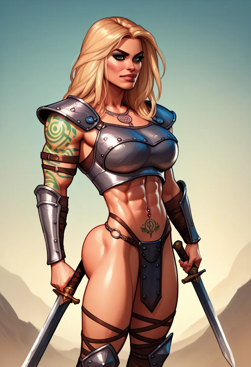 Hot female Nordic barbarian bimbo slut with huge tits, strong physique yet retains feminine curves, skimpy leather armor, Celtic tattoos, thicc fit muscles, Wielding sword fighting orcs 