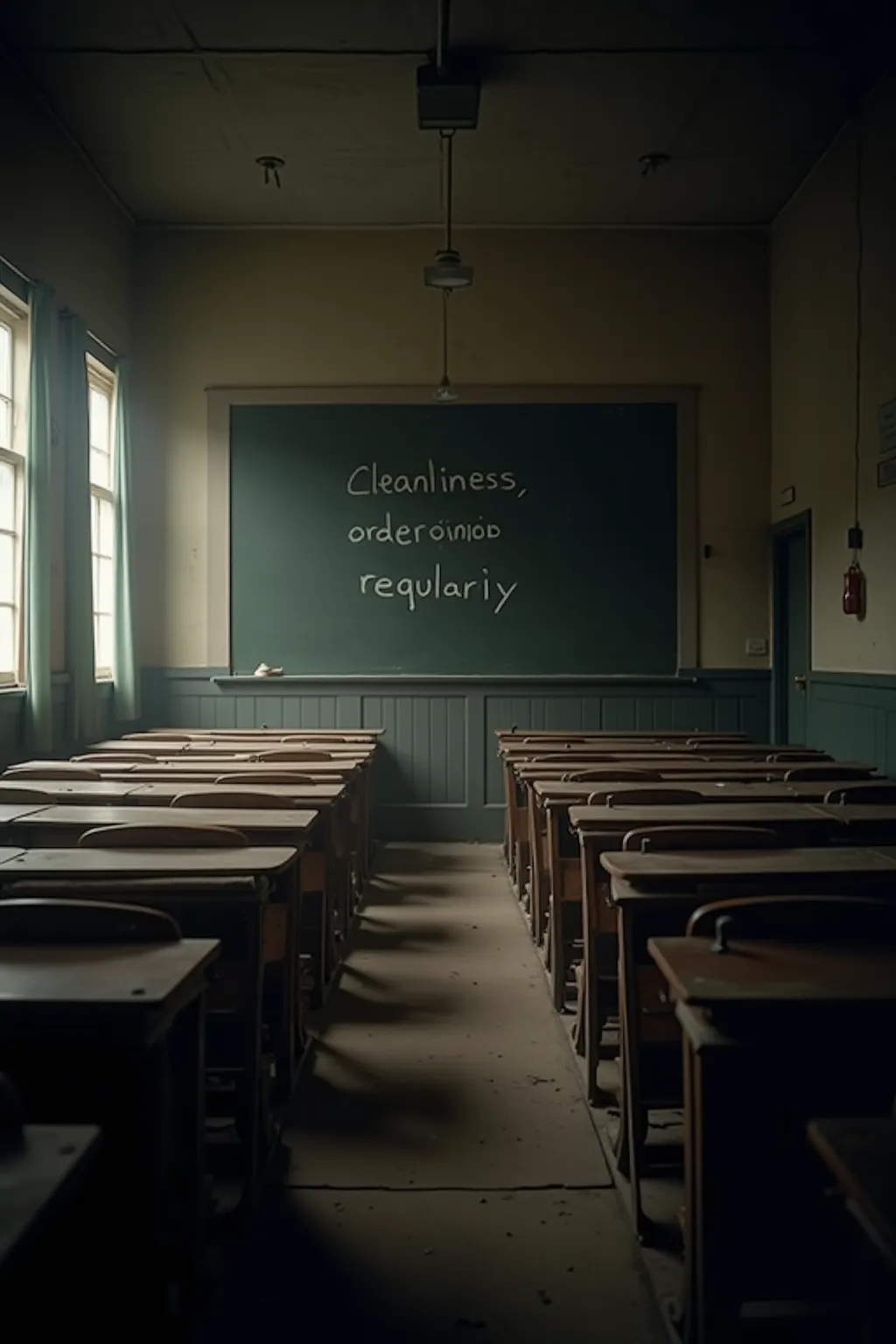 A dimly lit 1930s classroom, seen from the back row. The worn wooden desks stand in rigid, perfect rows, each empty, their silence heavy with an unspoken authority. Dust swirls slowly in the air, caught in a thin beam of light from tall, curtain-draped win...