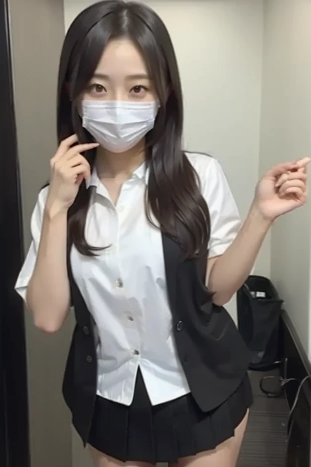 gravure idol pose　hotel　bed　uniform　white shirt　high image quality　Not too small bust　black miniskirt　Short skirts and beautiful hair　 height 158 cm　medium hair　smile　is wearing a mask
