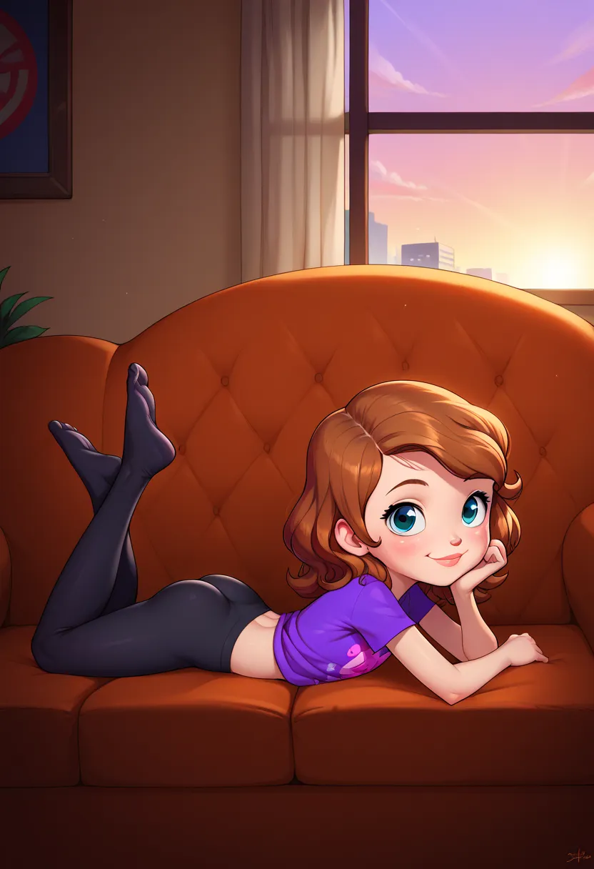 cartoon, young­k­i­d, short-height, 1girl, solo, sofia_the_first, purple plain sparkly shiny t-shirt, black leggings, detailed eyes, perfect eyes, big eyes, beautiful eyes, flat chest, teasing, seducing, smilingsmirking, in amodern bright detailed penthous...