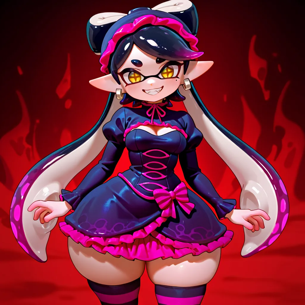 1girl,Callie from splatoon,shalltear bloodfallen cosplay,long hair,(glowing eyes:0.5),bow,black dress,frilled dress,long sleeves,fang,cowboy shot,grin,looking at viewer,dark fantasy,shalltear bloodfallen clothes,shalltear bloodfallen cosplay,ⅾark backgroun...